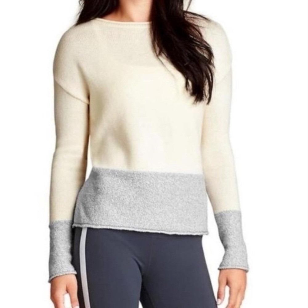 ATHLETA | Women's 100% Wool Cream Gray Colorblock Brindle Border Sweater, Size S